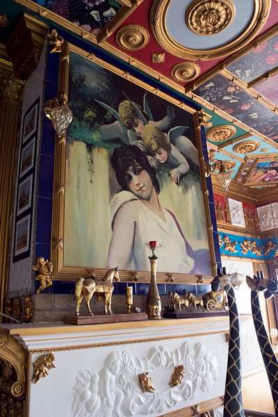 fire place and mural